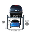 Top Shelf Four Post Vehicle Parking Lift With Massive Eight Thousand Pound Load Capacity And Heavy Duty Diamond Plate Runways For Your Weekend Wrencher Shop dimensions illustrated with vehicle heights.