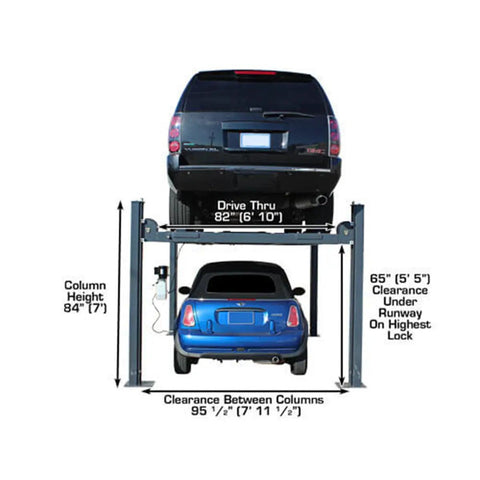 Top Shelf Four Post Vehicle Parking Lift With Massive Eight Thousand Pound Load Capacity And Heavy Duty Diamond Plate Runways For Your Weekend Wrencher Shop dimensions illustrated with vehicle heights.