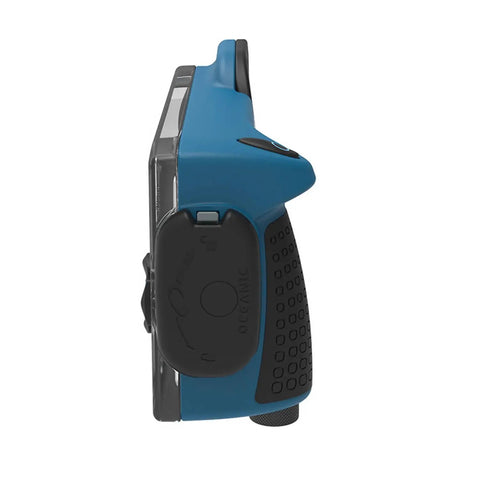 Side view of Underwater iPhone Dive Housing With Digital Color Correction, teal and black design, grip detail visible