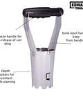 No Bend Bulb Planter With Depth Marker And Auto Release For Quick, Consistent Planting Of Tulips, Daffodils, Dahlias And Lilies In Heavier Soils For Home Gardens, showing squeeze handle and steel frame.