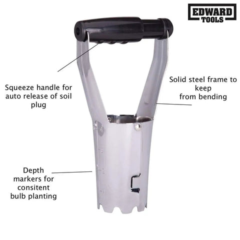 No Bend Bulb Planter With Depth Marker And Auto Release For Quick, Consistent Planting Of Tulips, Daffodils, Dahlias And Lilies In Heavier Soils For Home Gardens, showing squeeze handle and steel frame.