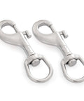 Two 3.5-inch stainless steel swivel eye snap hooks with bolt snap closures