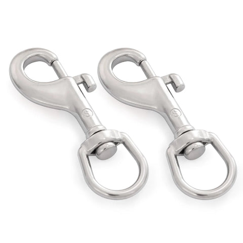 Two 3.5-inch stainless steel swivel eye snap hooks with bolt snap closures