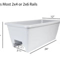 Super Sleek 24 Inch Deck Rail Planter Box With Built In Drainage Plug, UV Resistant Plastic outdoor planter dimensions 24x12x9 inches.