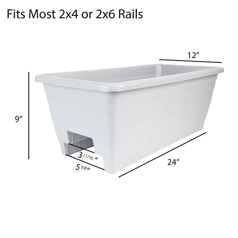 Super Sleek 24 Inch Deck Rail Planter Box With Built In Drainage Plug, UV Resistant Plastic outdoor planter dimensions 24x12x9 inches.
