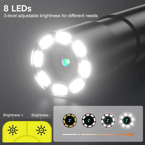 Close-up of 1080P HD Endoscope With Light 4.3 Inch IPS Display 8 LED Adjustable Illumination showing LED brightness levels.