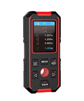 Professional Grade No Sweat 3 In 1 Stud Finder Wall Scanner With Dead On Edge And Center Location For Metal Wood Joists Pipes And Live Electrical Wiring Plus Laser Measure, showing a compact design with measurement display.
