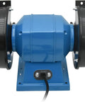 No Sweat Five Inch Desktop Bench Grinder Sharpener solid frame with dual grit wheels and power cord from front view.