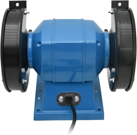 No Sweat Five Inch Desktop Bench Grinder Sharpener solid frame with dual grit wheels and power cord from front view.