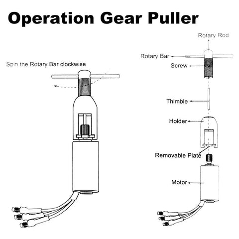 Diagram showing assembly of Pinion Gear Puller Remover Set For RC Motors And Vehicle Models With Five Pins, labeled parts included.