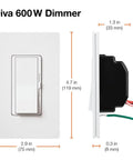 Front and side view of 600 Watt 3 Way Dimmer Switch for Incandescent and Halogen Lights, Smooth Rocker Style, with measurements.
