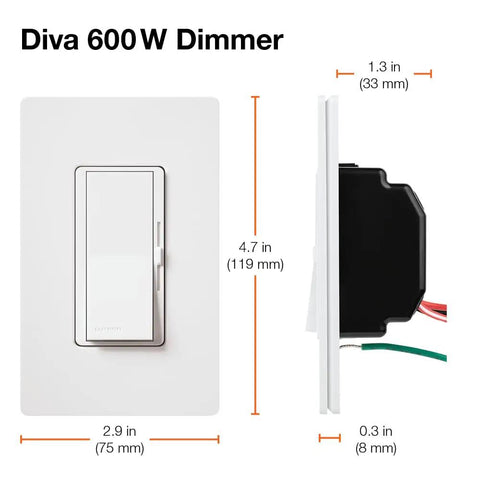 Front and side view of 600 Watt 3 Way Dimmer Switch for Incandescent and Halogen Lights, Smooth Rocker Style, with measurements.