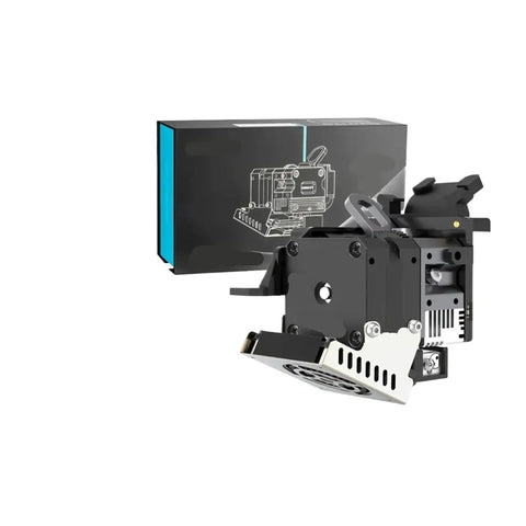 Heavy Duty Direct Drive Extruder With Dual Gear Filament Feeder For 3D Printers shown next to its box, showcasing design and components.