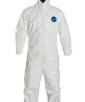 Disposable Coverall Suit With Elastic Wrists, Ankles And Hood For Pesticide And Paint Jobs, White, 3XL, front view with hood and zipper