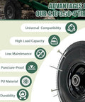 Flat Free 4.10/3.50-4 Tire And Wheel Set, Heavy Duty, 10 Inch Solid Wheel With 2.2 Inch Offset Hub, 5/8 Inch Axle Bore features