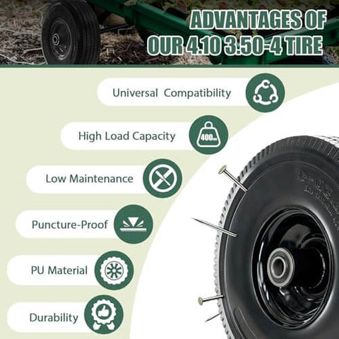 Flat Free 4.10/3.50-4 Tire And Wheel Set, Heavy Duty, 10 Inch Solid Wheel With 2.2 Inch Offset Hub, 5/8 Inch Axle Bore features