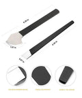 Pro Grade Two Piece Leather Knife Set For Leathercraft, Round Cutting Knives In Manganese Steel, shown with dimensions.