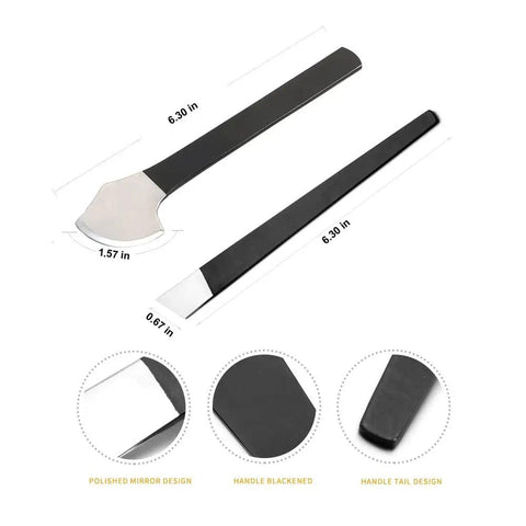 Pro Grade Two Piece Leather Knife Set For Leathercraft, Round Cutting Knives In Manganese Steel, shown with dimensions.