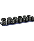 Stubby Impact Socket Set For Half Inch Drive, Metric 10 To 24 Mm, displayed on billet aluminum socket rail