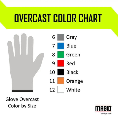 Glove overcast color chart with sizes 6 to 12, showing colors gray, blue, green, red, black, orange, white for each size.