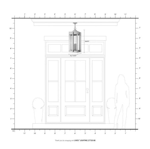 Lexington Extra Large 4 Light Natural Brass Outdoor Pendant Lantern With Clear Glass above front door in outline drawing.