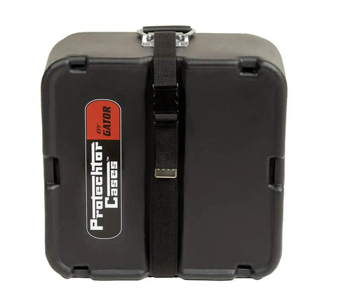 Badass Roto Molded Drum Case For 14 By 6 Point 5 Inch Snare With Heavy Duty Waterproof Armor, front view with strap.