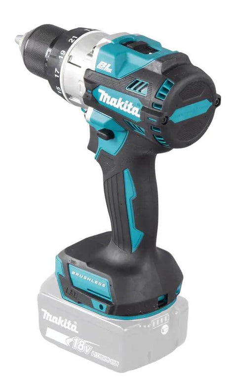 Top Shelf 18V Brushless Cordless Combi Drill Featuring Hammer Drilling 13Mm Chuck Two Speed Control And 21 Torque Settings side view with battery.