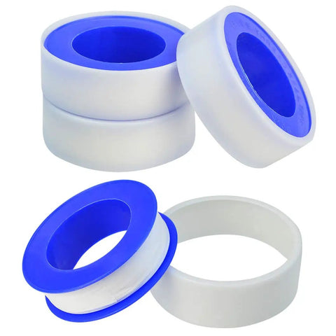 30 Roll Pack Of PTFE Thread Seal Tape One Half Inch By Three Hundred Ninety Four Inches White Teflon Pipe Sealant Tape For Leak Proof Plumbing Water Lines And Air Lines DIY Plumbers, showing multiple rolls stacked and side views.