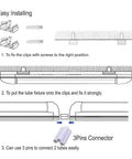 Installation steps for 8 Foot T8 LED Shop Light Kit 120W 12,000 Lumens 6500K Daylight White V Shape with 3-pin connector diagram.