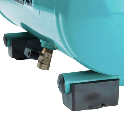 Built Tough One Point Five Horsepower Three Gallon Oil Free Electric Air Compressor Featuring Sixty Decibel Quiet Operation close-up of durable feet and valve