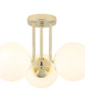 Gold 3 Light Semi Flush Mount Ceiling Light Fixture With Off White Hand Blown Glass Shade For Dining Room Living Room Bedroom Hallway And Foyer Modern Mid Century Vibe Warm Lighting close-up view