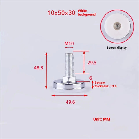 16 Piece Heavy Duty Furniture Levelers Screw In Anti Wobble Table Feet With White Poly Glides For Precise Height Adjustment and Total Rock Solid Floor Support on white background with measurements.