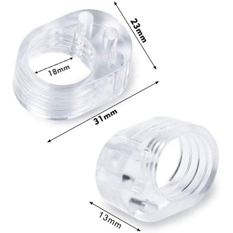 Close-up of 4 Pack Clear Silicone Door Stopper Guards For Handles, Wall And Cabinet Protection in different angles with dimensions