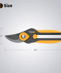 Bypass Pruning Shears 8.6 Inch Heavy-Duty Garden Clippers with SK5 Titanium Blades and Ergonomic Handle, 2.4 x 8.6 inches size shown.
