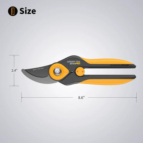Bypass Pruning Shears 8.6 Inch Heavy-Duty Garden Clippers with SK5 Titanium Blades and Ergonomic Handle, 2.4 x 8.6 inches size shown.