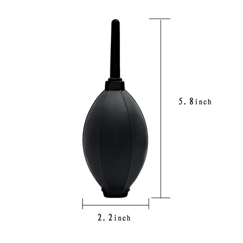 Front view: VVEASIER silicone air blower with long nozzle; black, 5.8in tall by 2.2in wide for camera cleaning