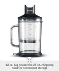 Level Up Your Kitchen Routine With The Control Grip Immersion Blender Anti Suction Tech 42 oz jug with 25 oz chopping bowl for storage.