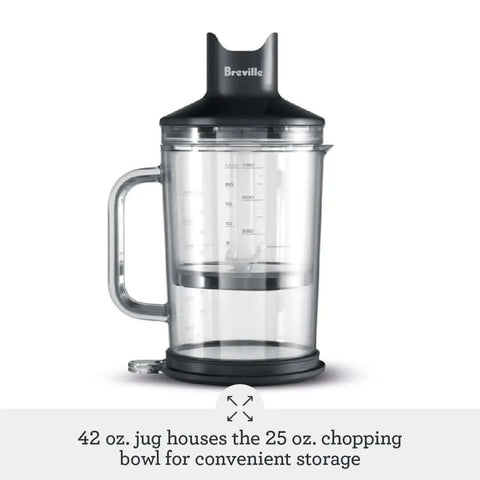 Level Up Your Kitchen Routine With The Control Grip Immersion Blender Anti Suction Tech 42 oz jug with 25 oz chopping bowl for storage.