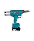 No Nonsense 18V Li Ion Brushless Rivet Gun With Compact Short Body Design For Cramped Workspaces And Knockout Pulling Power Cordless Hand Tool Bare Shell, side view showing compact design.
