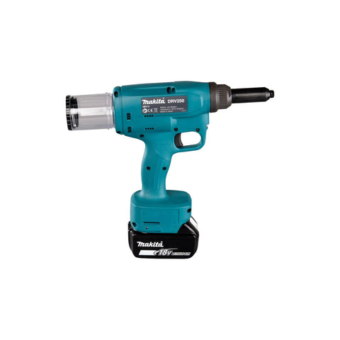 No Nonsense 18V Li Ion Brushless Rivet Gun With Compact Short Body Design For Cramped Workspaces And Knockout Pulling Power Cordless Hand Tool Bare Shell, side view showing compact design.