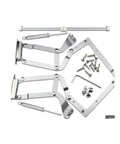 Overhead Cabinet Turning Bracket With Pneumatic Action set, includes brackets, screws, and tools for easy install and soft close upper doors.