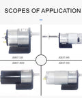 Scopes of application for 37mm DC gear motor brackets, featuring various motor models mounted on black brackets for hobby projects.