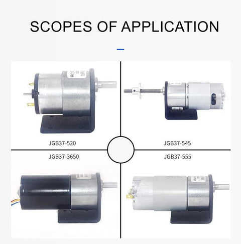 Scopes of application for 37mm DC gear motor brackets, featuring various motor models mounted on black brackets for hobby projects.