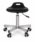 Heavy Duty Swivel Stool With Wheels Built From 304 Stainless Steel Smooth Operator Design showing black seat and chrome base.