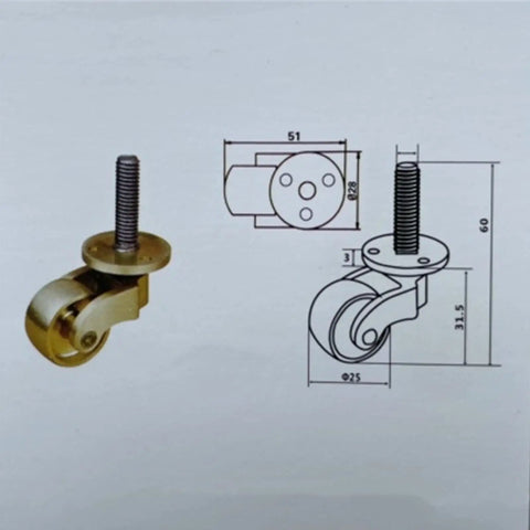 Built Ridiculous Solid Brass Casters, 1 Inch Swivel Wheel Casters With Heavy Duty Screw Stem design with dimensions for precise fitting.