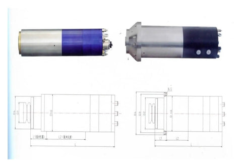Top Shelf 2.2KW CNC Water Cooled Spindle Paired With A 24 Station Automatic Tool Changer For Metal And Wood Routing Kits Hella Quiet 220V Motor System, featuring dimensions and design.