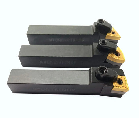 Three 5/8in left-cutting CNC lathe carbide indexable turning tool holders with WNMG431/CNMG431/TNMG331 inserts.