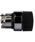 Side view of Harmony XB4 Selector Switch Head with chrome plated metal bezel for 22mm cutouts, two positions, ergonomic black handle.