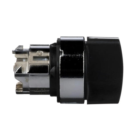 Side view of Harmony XB4 Selector Switch Head with chrome plated metal bezel for 22mm cutouts, two positions, ergonomic black handle.