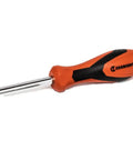 Quarter Inch Drive Dual Material Bit Holding Screwdriver Handle With Ergonomic Balance Grippy Oil And Solvent Resistant Grip Full Polish Chrome Shank Pro Grade Quality Meets ANSI ASME Specs, red and black